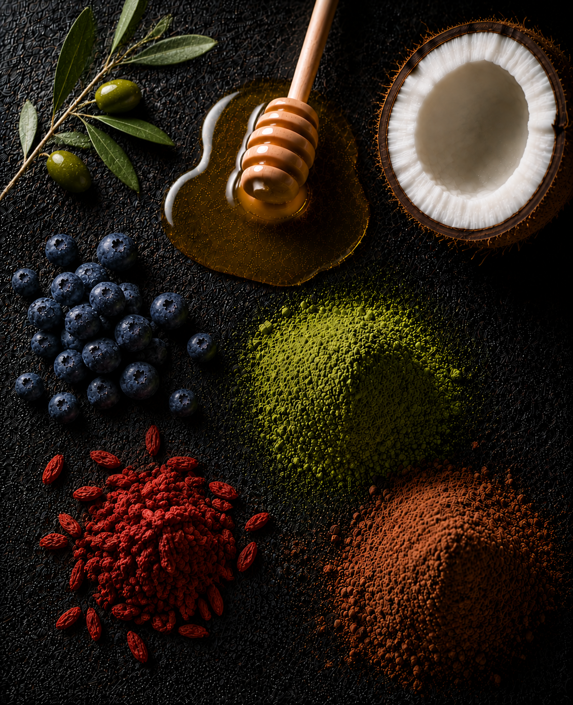 Superfood ingredients — berries, matcha, cocoa, coconut, olives and honey — arranged on a dark stone surface