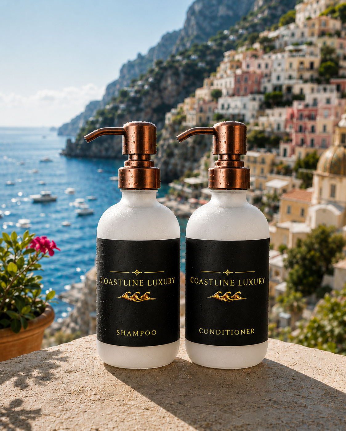 Coastline Luxury shampoo and conditioner set on wet coastal stone with kelp and coconut