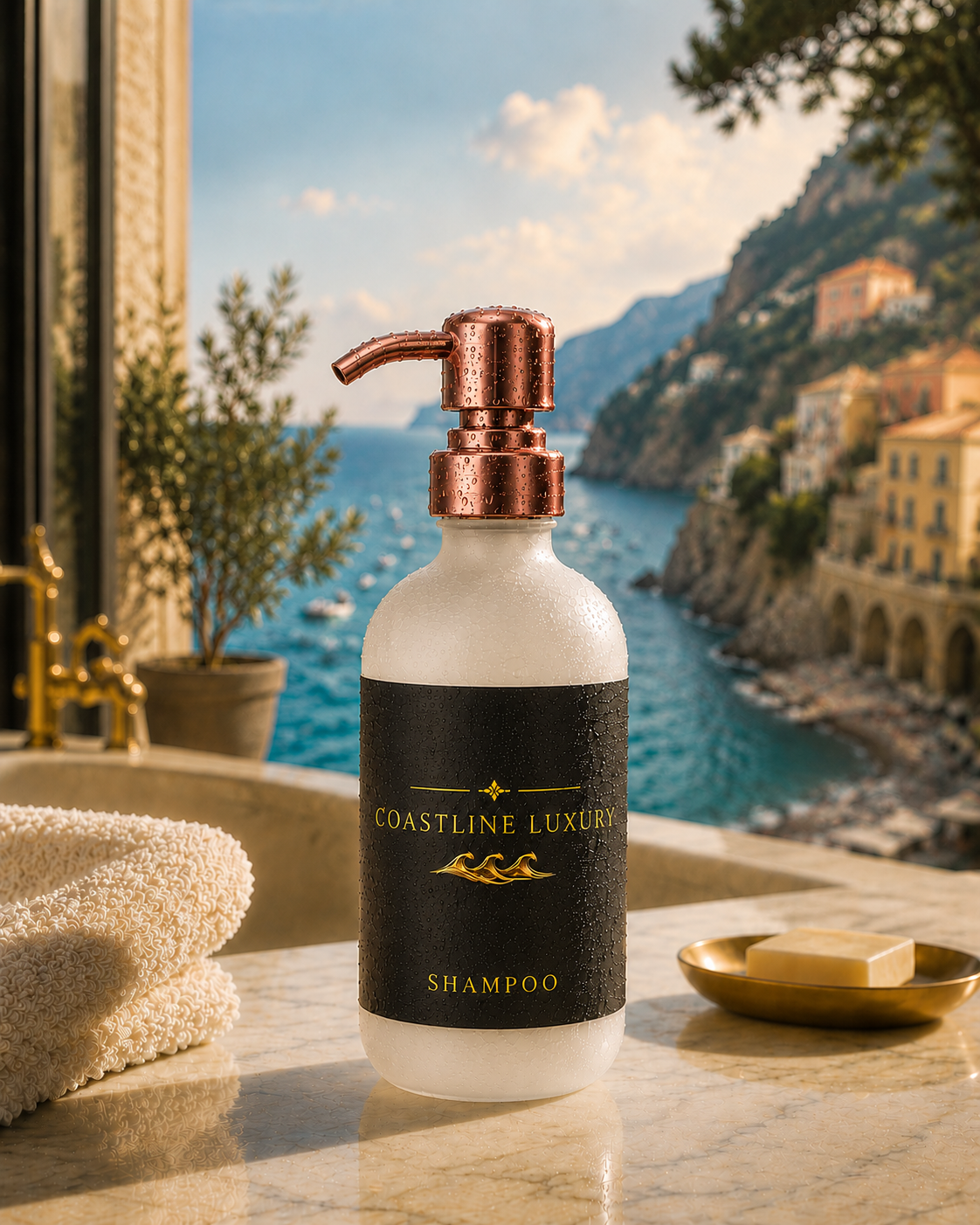 Coastline Luxury shampoo bottle resting on wet stone by the sea